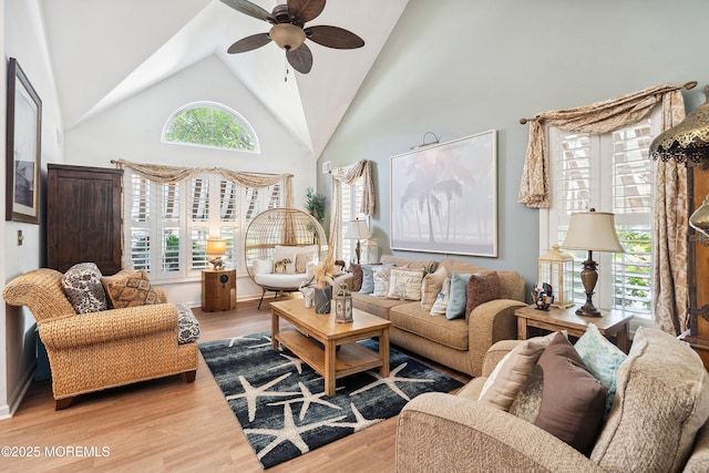 648 Point Ave, Brick, NJ 08724 - living area featuring ceiling fan, light wood-style flooring, and high vaulted ceiling
