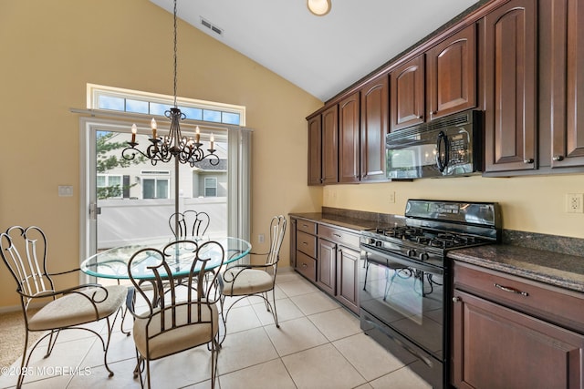 6 Boticelli Ct, Manchester, NJ 08759 - kitchen featuring black appliances, a chandelier, hanging light fixtures, light tile patterned floors, and dark stone counters