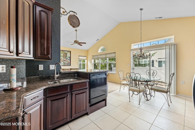 6 Boticelli Ct, Manchester, NJ 08759 - kitchen with dishwasher, high vaulted ceiling, hanging light fixtures, light tile patterned floors, and a ceiling fan