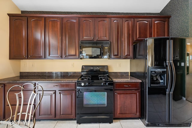 6 Boticelli Ct, Manchester, NJ 08759 - kitchen featuring black appliances, dark stone countertops, light tile patterned floors, wallpapered walls, and reddish brown cabinets