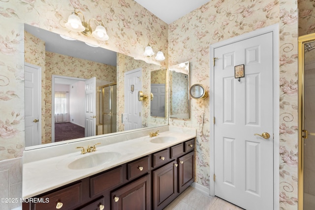6 Boticelli Ct, Manchester, NJ 08759 - bathroom with double vanity, a shower stall, tile patterned floors, and wallpapered walls