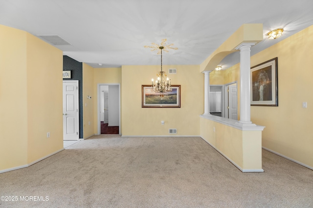 6 Boticelli Ct, Manchester, NJ 08759 - unfurnished living room with decorative columns, carpet flooring, and a chandelier