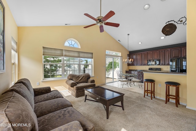 6 Boticelli Ct, Manchester, NJ 08759 - living room featuring high vaulted ceiling, ceiling fan, a chandelier, light carpet, and recessed lighting