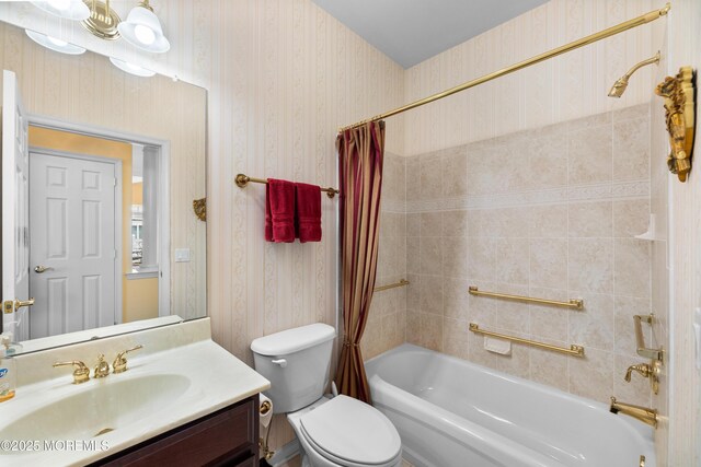 6 Boticelli Ct, Manchester, NJ 08759 - bathroom featuring shower / tub combo, vanity, and wallpapered walls