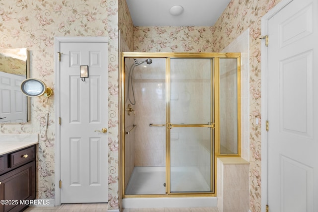 6 Boticelli Ct, Manchester, NJ 08759 - full bath featuring vanity, a stall shower, wallpapered walls, and tile patterned floors