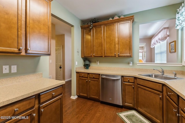 10 Inkberry Ln, Howell, NJ 07731 - kitchen featuring dishwasher, dark wood-style floors, light countertops, and brown cabinets