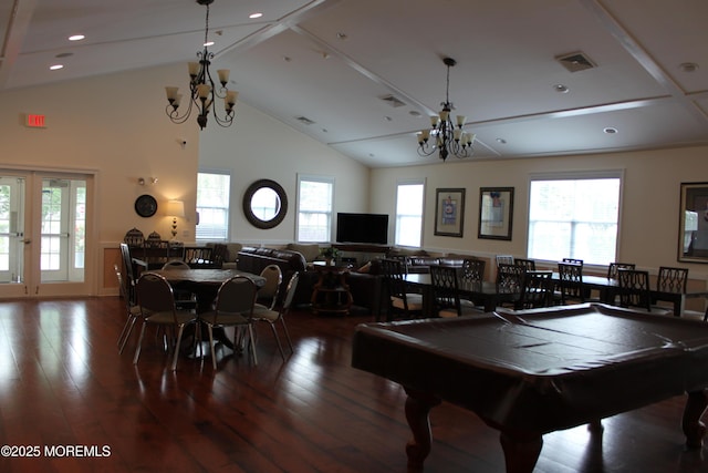 10 Inkberry Ln, Howell, NJ 07731 - recreation room with a chandelier, hardwood / wood-style floors, billiards table, and high vaulted ceiling