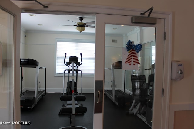 10 Inkberry Ln, Howell, NJ 07731 - exercise area featuring ornamental molding and ceiling fan