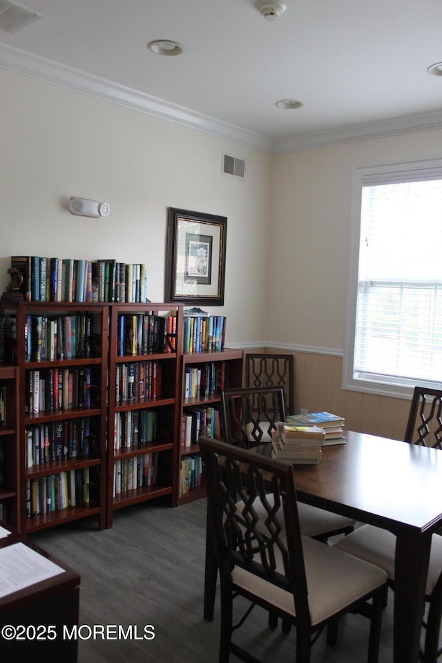 10 Inkberry Ln, Howell, NJ 07731 - dining area with wood finished floors, ornamental molding, a wainscoted wall, and recessed lighting