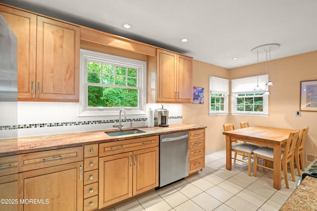 4 Hamilton Hill Rd, Lincroft, NJ 07738 - kitchen with stainless steel dishwasher, decorative backsplash, healthy amount of natural light, hanging light fixtures, and recessed lighting