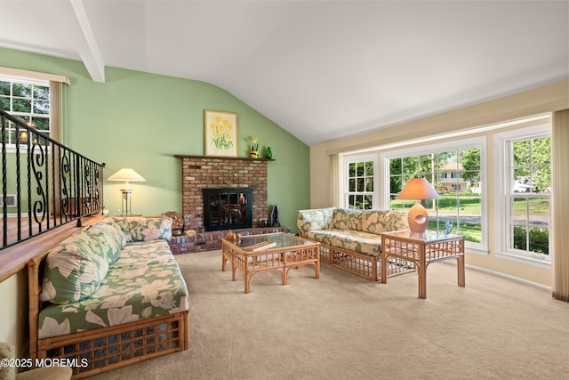 4 Hamilton Hill Rd, Lincroft, NJ 07738 - carpeted living room featuring lofted ceiling, healthy amount of natural light, a fireplace, and stairway