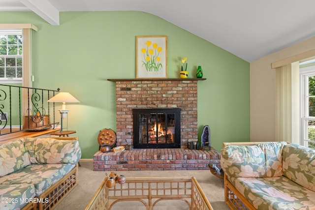 4 Hamilton Hill Rd, Lincroft, NJ 07738 - carpeted living area featuring lofted ceiling and a brick fireplace