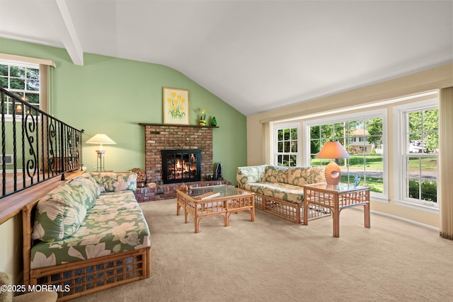 4 Hamilton Hill Rd, Lincroft, NJ 07738 - living room with vaulted ceiling, carpet floors, plenty of natural light, a fireplace, and stairs