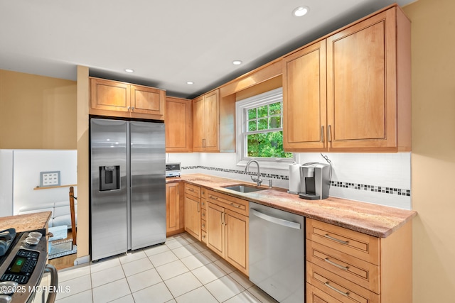 4 Hamilton Hill Rd, Lincroft, NJ 07738 - kitchen featuring appliances with stainless steel finishes, backsplash, light stone counters, recessed lighting, and light tile patterned floors
