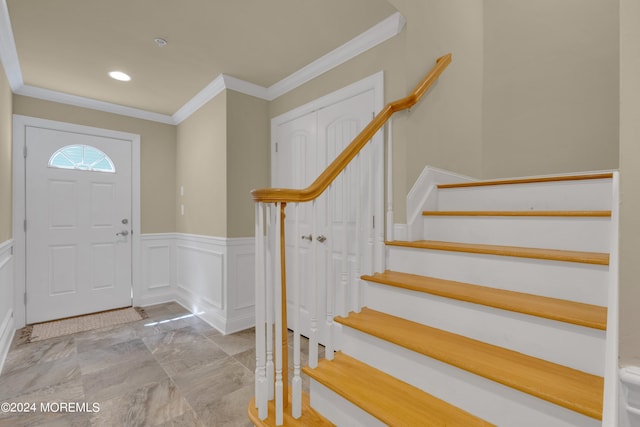 119 Dupont Ave Unit 2A, Seaside Heights, NJ 08751 - foyer featuring stairway, ornamental molding, wainscoting, recessed lighting, and marble finish flooring