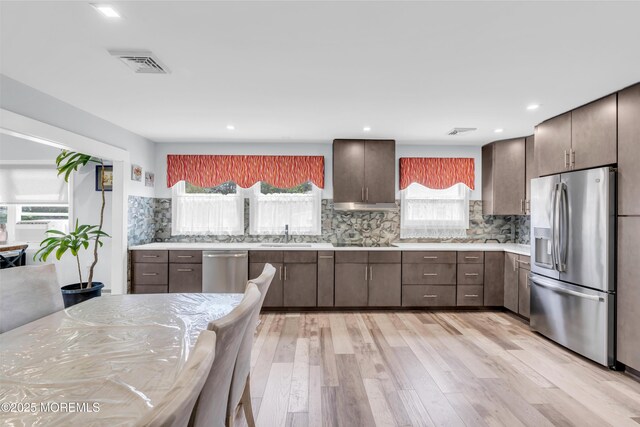 13 Canaries Ct, Toms River, NJ 08757 - kitchen featuring stainless steel appliances, light countertops, light wood-style floors, backsplash, and dark brown cabinetry