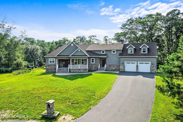 7 Rodeo Ct, Howell, NJ 07731 - view of front of home with stone siding, a porch, a front yard, and an attached garage