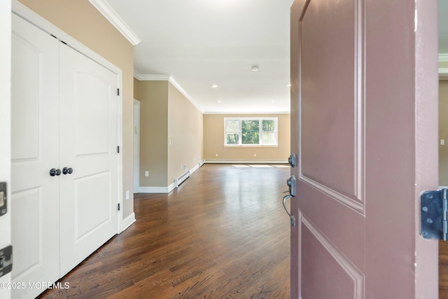 7 Rodeo Ct, Howell, NJ 07731 - entrance foyer with ornamental molding, dark wood-type flooring, a baseboard radiator, and recessed lighting