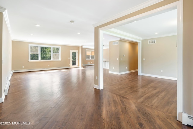 7 Rodeo Ct, Howell, NJ 07731 - unfurnished living room featuring a baseboard heating unit, crown molding, dark wood-type flooring, baseboard heating, and recessed lighting