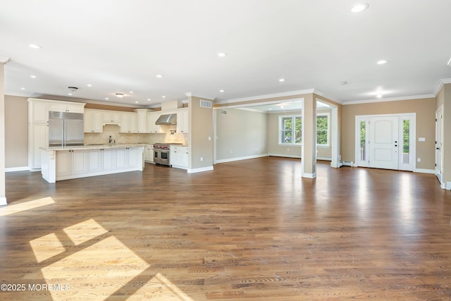 7 Rodeo Ct, Howell, NJ 07731 - unfurnished living room featuring crown molding, recessed lighting, and dark wood-style floors