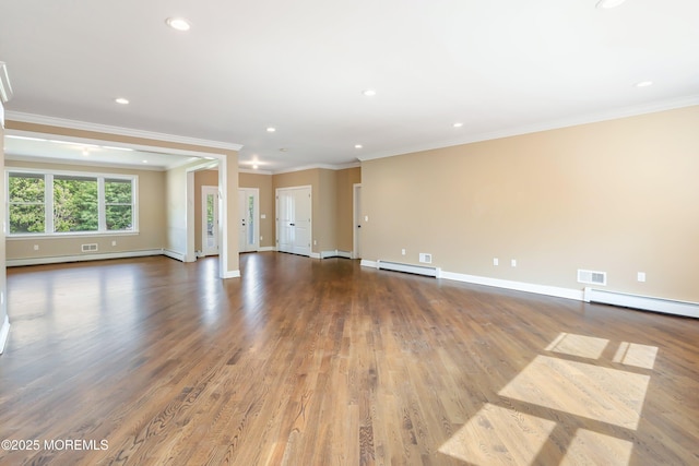 7 Rodeo Ct, Howell, NJ 07731 - unfurnished living room featuring a baseboard radiator, wood finished floors, crown molding, and recessed lighting