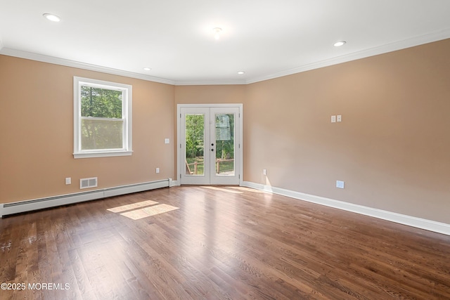 7 Rodeo Ct, Howell, NJ 07731 - empty room featuring a baseboard heating unit, crown molding, wood finished floors, french doors, and recessed lighting