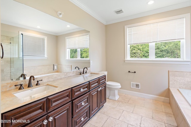 7 Rodeo Ct, Howell, NJ 07731 - full bathroom featuring crown molding, a garden tub, a tile shower, double vanity, and recessed lighting