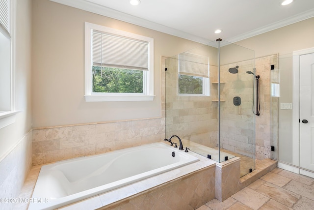 7 Rodeo Ct, Howell, NJ 07731 - bathroom with a bath, tiled shower, crown molding, and recessed lighting