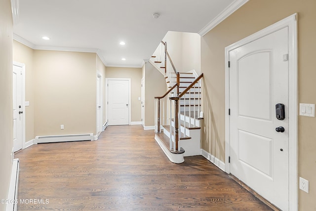 7 Rodeo Ct, Howell, NJ 07731 - foyer entrance featuring a baseboard heating unit, ornamental molding, stairs, recessed lighting, and dark wood-style floors