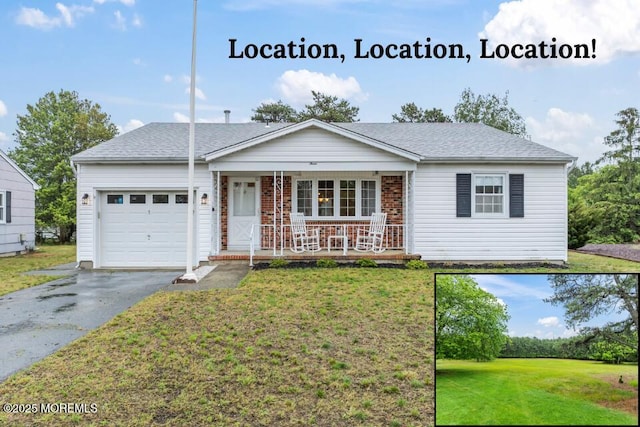 3 Shaw Ct, Toms River, NJ 08757 - ranch-style house featuring covered porch, an attached garage, a front yard, driveway, and brick siding