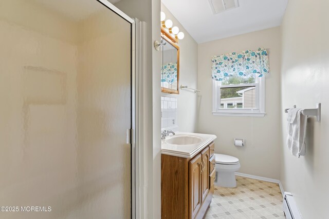3 Shaw Ct, Toms River, NJ 08757 - full bathroom featuring baseboard heating, a shower stall, vanity, and tile patterned floors