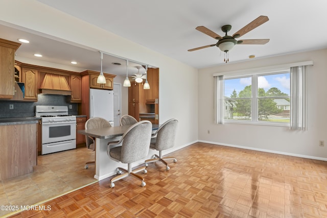 3 Shaw Ct, Toms River, NJ 08757 - kitchen with white appliances, premium range hood, dark countertops, a ceiling fan, and recessed lighting