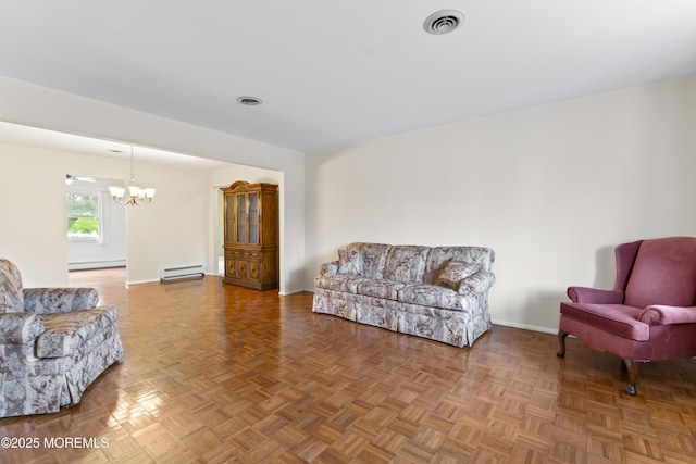 3 Shaw Ct, Toms River, NJ 08757 - living room with a chandelier, baseboard heating, and a baseboard radiator