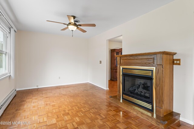 3 Shaw Ct, Toms River, NJ 08757 - unfurnished living room with a baseboard radiator, ceiling fan, and a fireplace