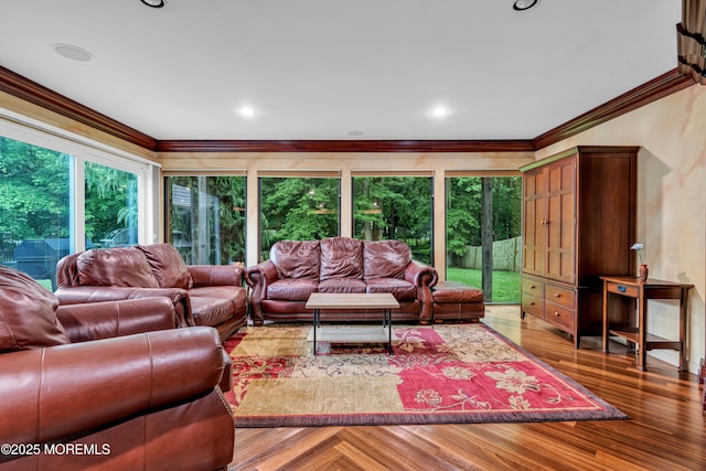 25 Canadian Woods Rd, Marlboro, NJ 07746 - living room featuring crown molding, wood finished floors, and recessed lighting