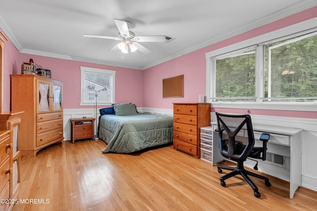 25 Canadian Woods Rd, Marlboro, NJ 07746 - bedroom featuring light wood-style flooring, ornamental molding, a wainscoted wall, a desk, and ceiling fan