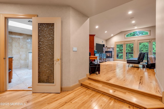 25 Canadian Woods Rd, Marlboro, NJ 07746 - hallway featuring hardwood / wood-style floors, lofted ceiling, and recessed lighting