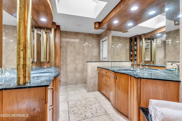 25 Canadian Woods Rd, Marlboro, NJ 07746 - full bath with tile walls, vanity, tile patterned floors, and recessed lighting