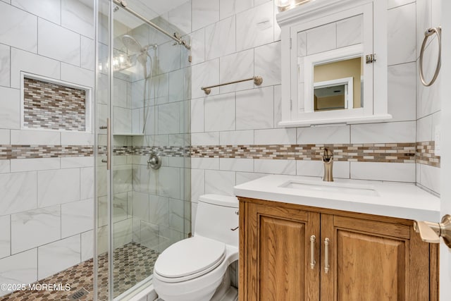 25 Canadian Woods Rd, Marlboro, NJ 07746 - full bathroom featuring a shower stall, vanity, and tile walls