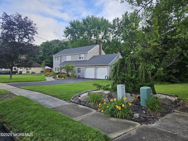 5 Hampton Dr, Jackson, NJ 08527 - view of front facade featuring asphalt driveway, a garage, a front yard, and a chimney
