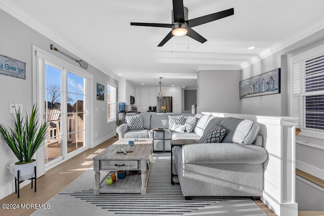 917 Jane Dr, Beach Haven West, NJ 08050 - living room featuring ornamental molding, a ceiling fan, wood finished floors, and recessed lighting