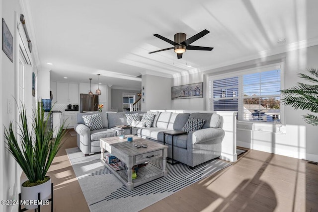 917 Jane Dr, Beach Haven West, NJ 08050 - living area with crown molding, ceiling fan, recessed lighting, and stairway