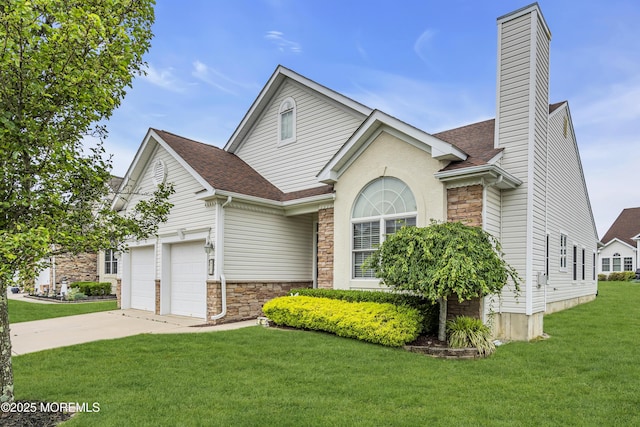 42 Eagleswood Dr, Waretown, NJ 08758 - traditional-style home with stone siding, a front lawn, driveway, and a chimney