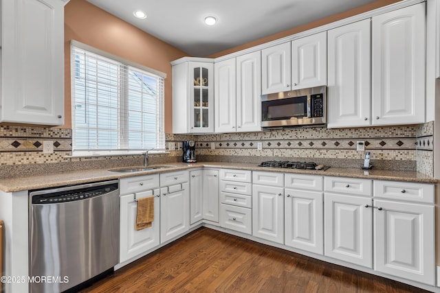 42 Eagleswood Dr, Waretown, NJ 08758 - kitchen with stainless steel appliances, decorative backsplash, white cabinets, glass insert cabinets, and recessed lighting