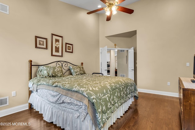 42 Eagleswood Dr, Waretown, NJ 08758 - bedroom featuring wood-type flooring, high vaulted ceiling, and a ceiling fan