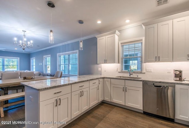 1300 Ocean Ter, Seaside Heights, NJ 08751 - kitchen featuring dishwasher, a peninsula, ornamental molding, a chandelier, and white cabinetry