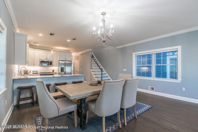 1300 Ocean Ter, Seaside Heights, NJ 08751 - dining area with a chandelier, dark wood-style floors, stairs, ornamental molding, and recessed lighting