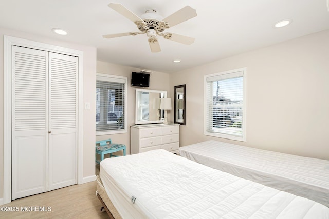 3 Newark Ave, Lavallette, NJ 08735 - bedroom with light wood finished floors, a closet, recessed lighting, and ceiling fan