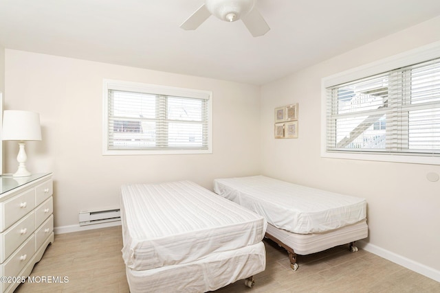 3 Newark Ave, Lavallette, NJ 08735 - bedroom featuring a baseboard heating unit, light wood-type flooring, and a ceiling fan