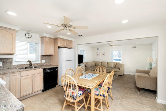 3 Newark Ave, Lavallette, NJ 08735 - kitchen with dishwasher, light brown cabinets, ceiling fan, freestanding refrigerator, and recessed lighting